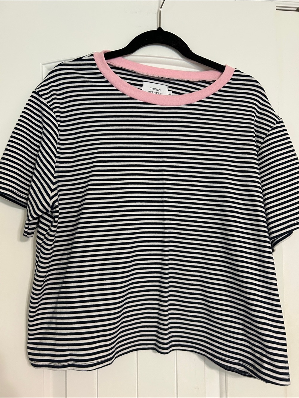 Women’s Black & White Striped Short-Sleeve Tee with Pink Crew Neck